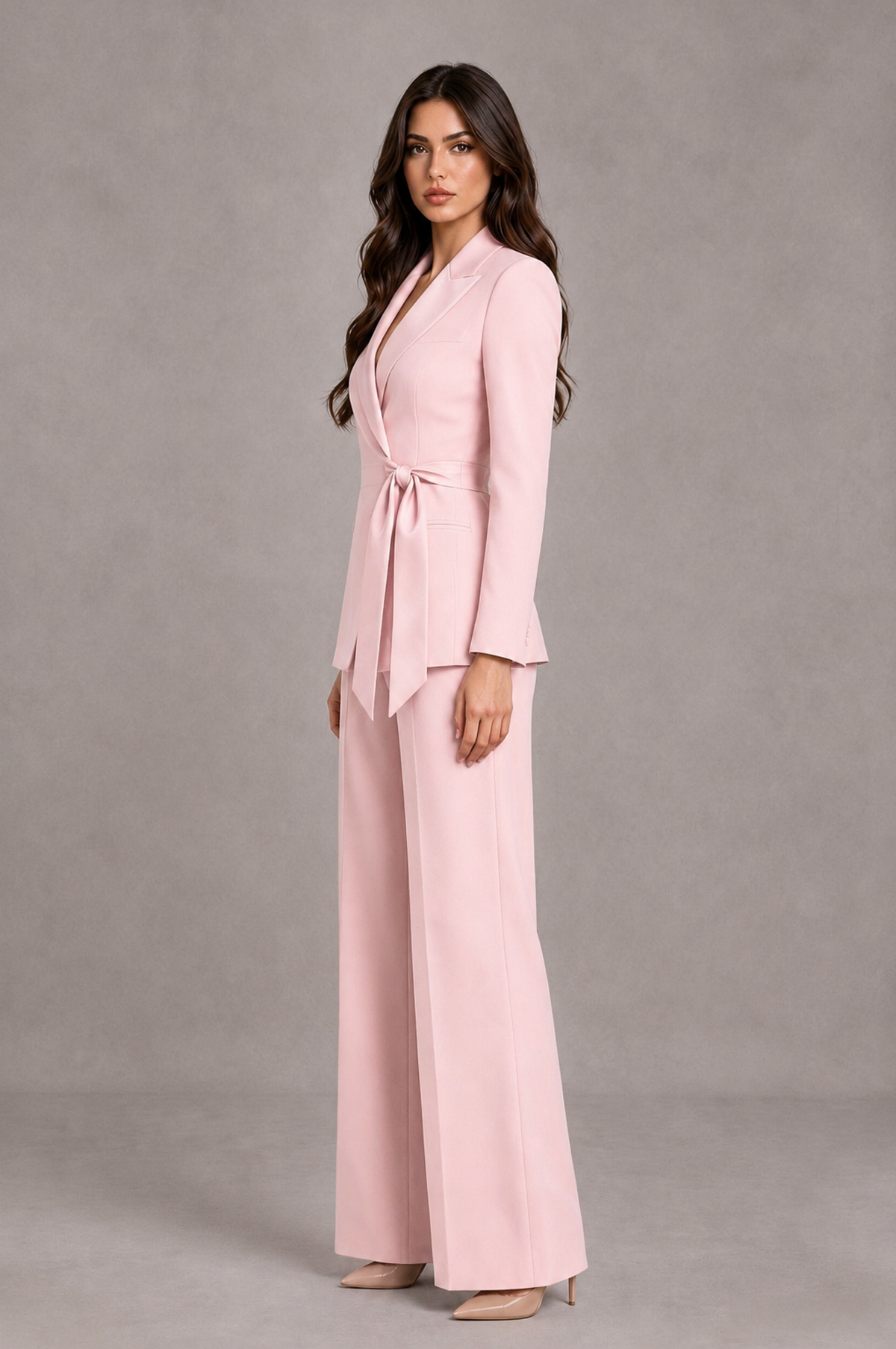 BOLODOO Blush Pink Tie-Waist Blazer & Wide-Leg Pantsuit - Blush Pink - Blush Pink_04