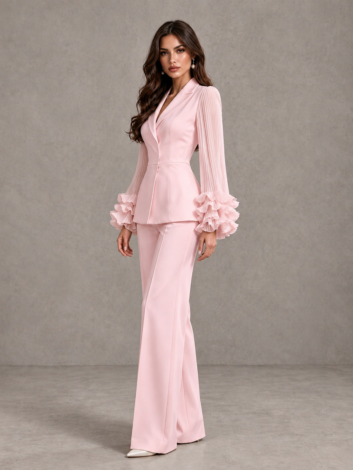 BOLODOO Blush Pink Mother of the Bride Pant Suit – Pleated Long Sleeve Ruffle Cuff Wide Leg Trouser Suit - Blush Pink - Blush Pink_04