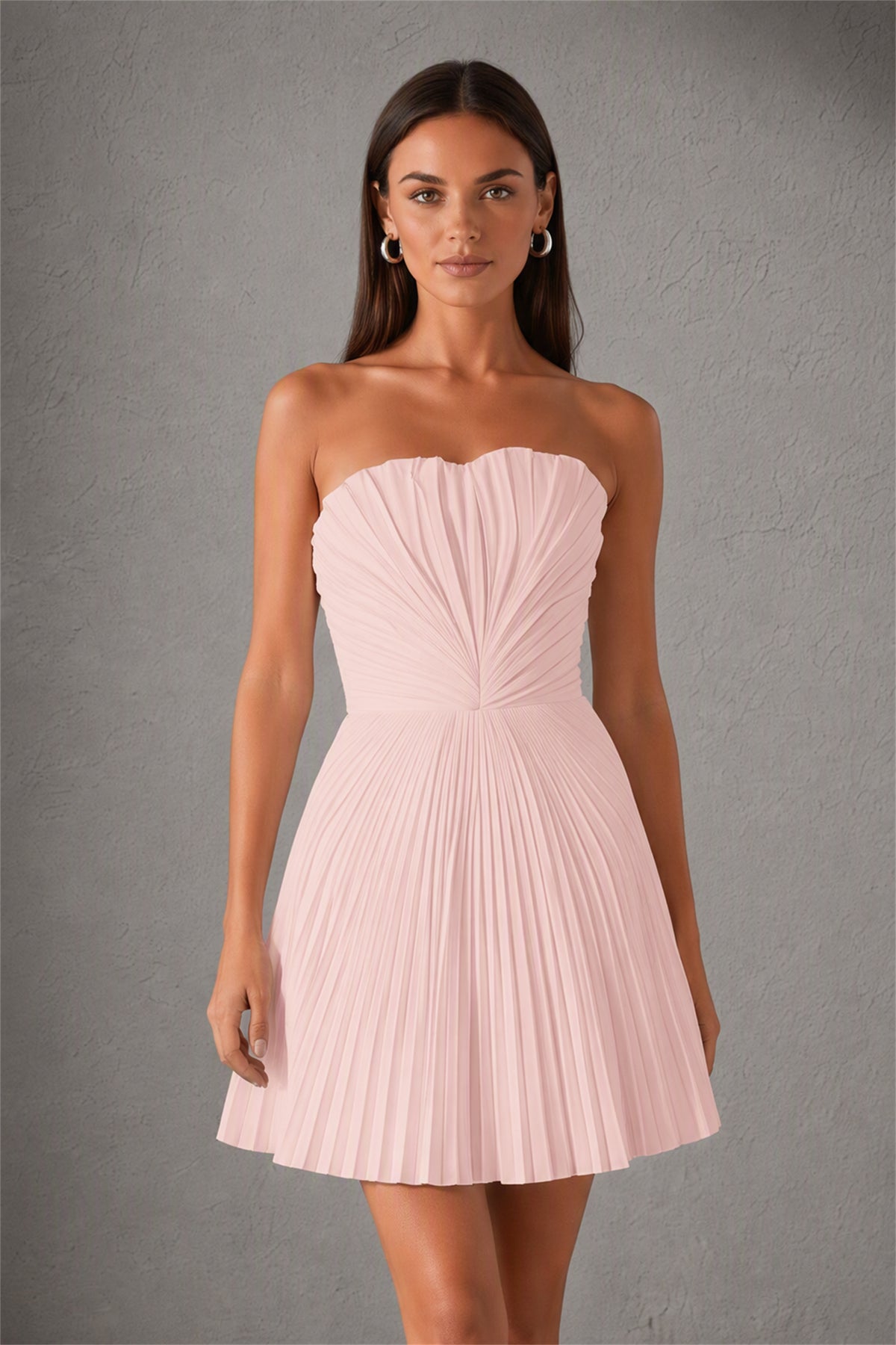 BOLODOO Blush Pink Strapless Sweetheart Pleated Corset Mini Dress with Lace-Up Back - Blush Pink