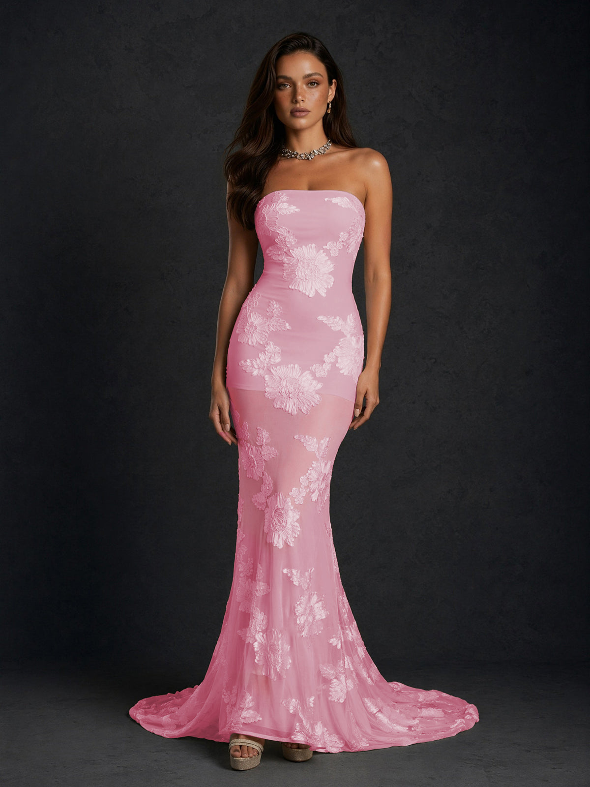 BOLODOO Blush Pink Champagne Gold Floral Sequin Embroidered Mesh Strapless Open Back Mermaid Maxi Dress with Train - Blush Pink