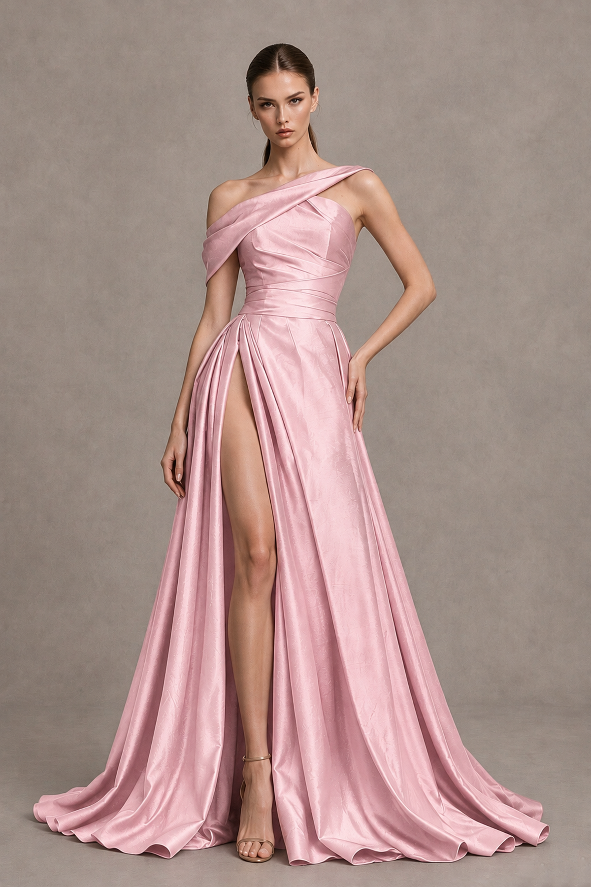BOLODOO Blush Pink Asymmetric Satin-Look A-Line Prom Dress with High Slit - Blush Pink - Blush Pink_1