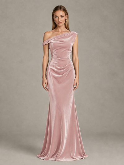 BOLODOO Blush Pink One-Shoulder Velvet Mermaid Evening Gown - Blush Pink - Blush Pink_1