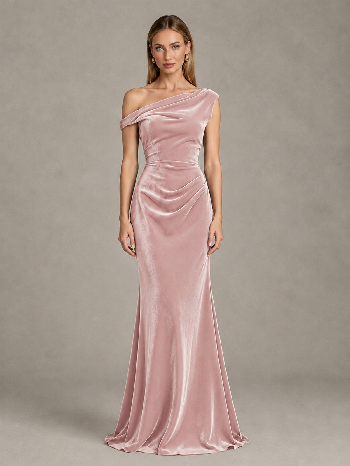 BOLODOO Blush Pink One-Shoulder Velvet Mermaid Evening Gown - Blush Pink - Blush Pink_1
