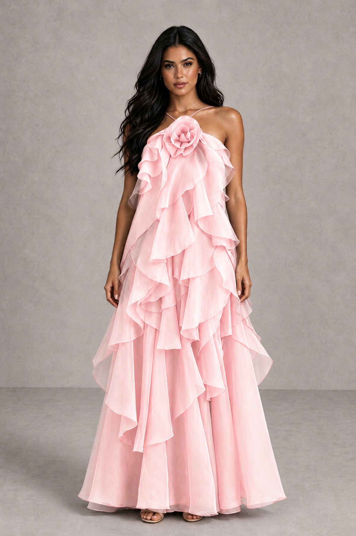 BOLODOO Blush Pink Cascading Ruffle Rosette Open-Back Maxi Dress - Blush Pink - Blush Pink_1