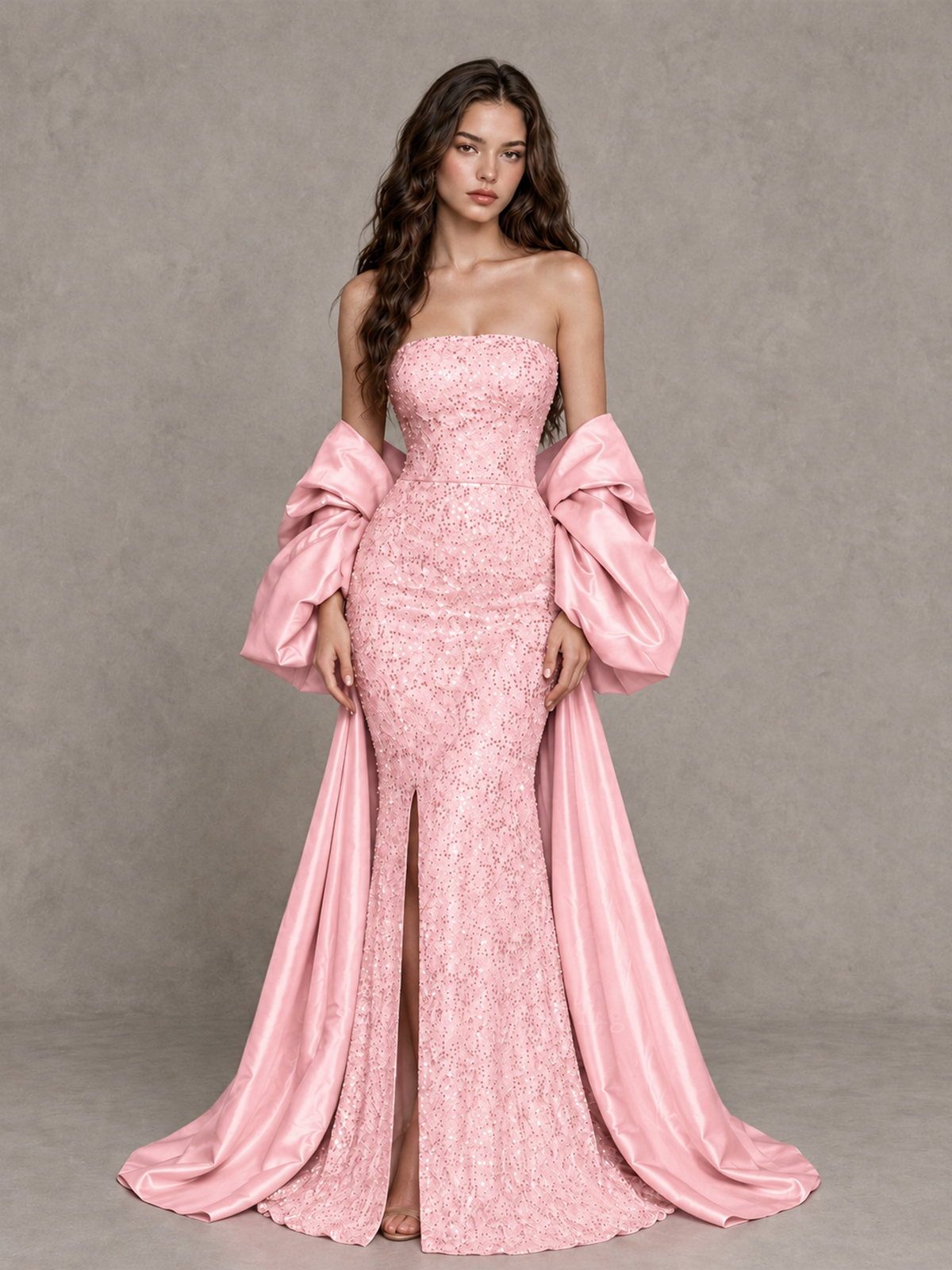 BOLODOO Blush Pink Strapless Sparkle Mermaid Prom Dress with Front Slit and Draped Sleeves - Blush Pink - Blush Pink_1