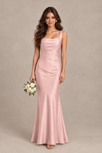BOLODOO Blush Pink Square Neck Ruched Satin Lace-Up Bridesmaid Dress - Blush Pink - Blush Pink_1