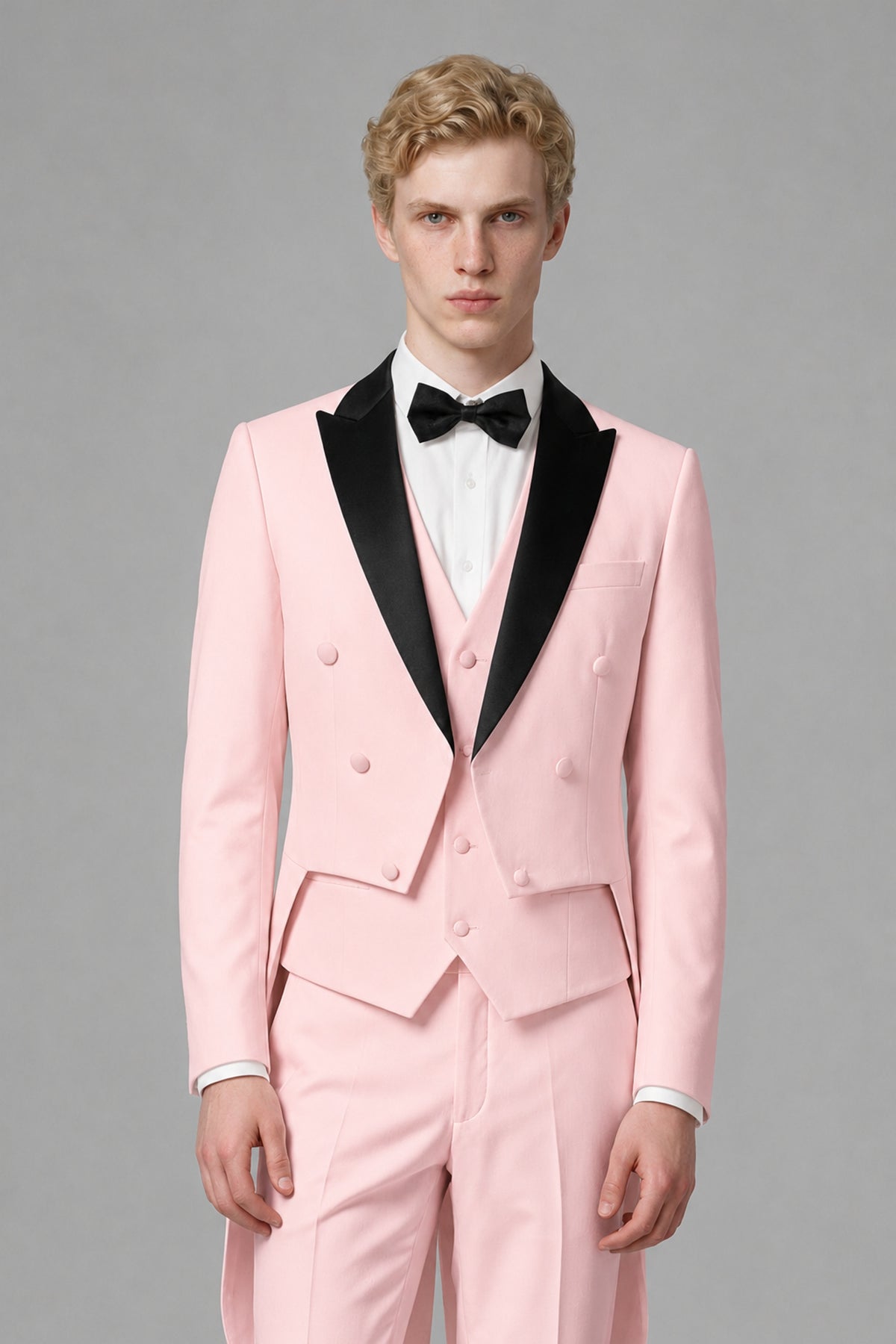 Bolodoo Men's Blush Pink 3-Piece Tailcoat Tuxedo Suit with Vest & Trousers - Blush Pink - Blush Pink_1