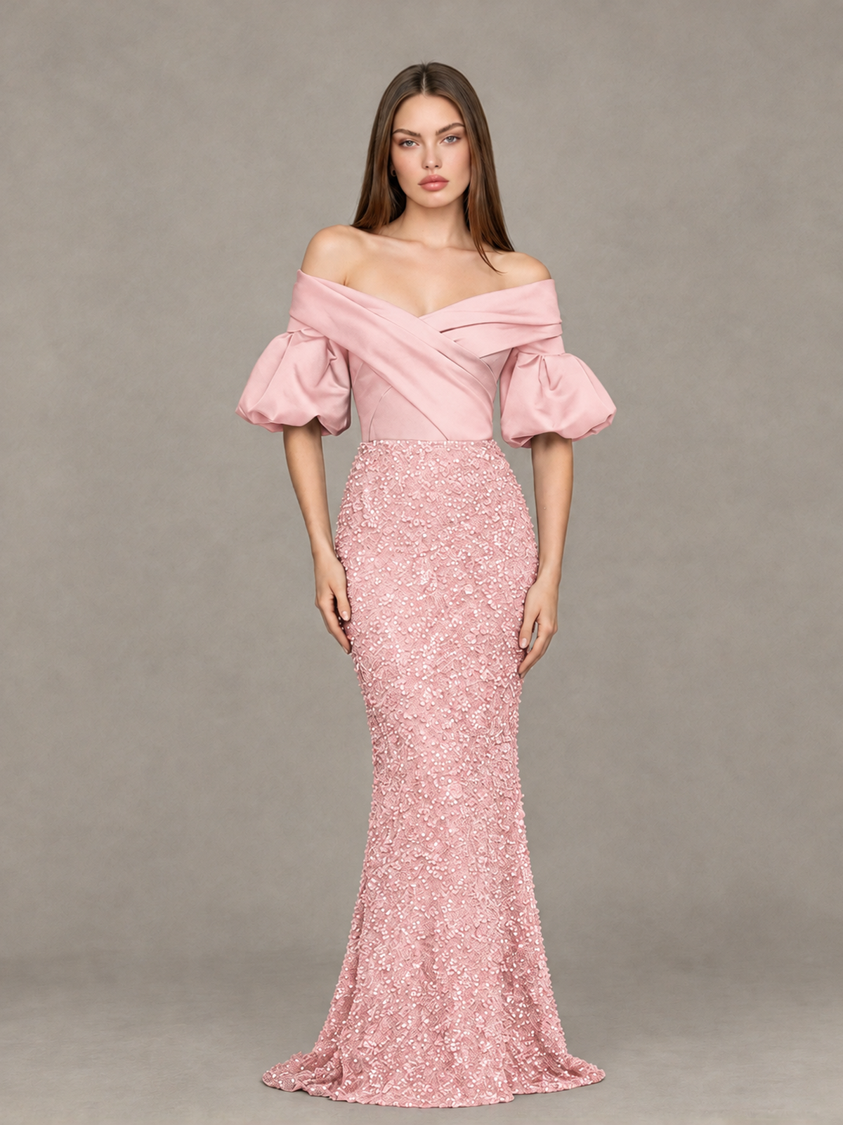 BOLODOO Blush Pink Off-Shoulder Puff Sleeve Sequin Mermaid Evening Dress - Blush Pink - Blush Pink_1