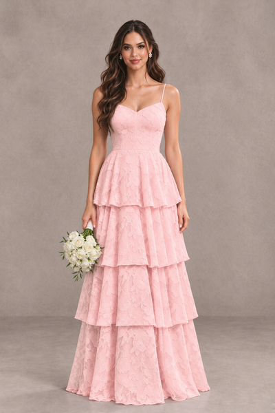 BOLODOO Blush Pink Tiered Floral-Textured Spaghetti Strap Maxi Dress - Blush Pink - Blush Pink_1