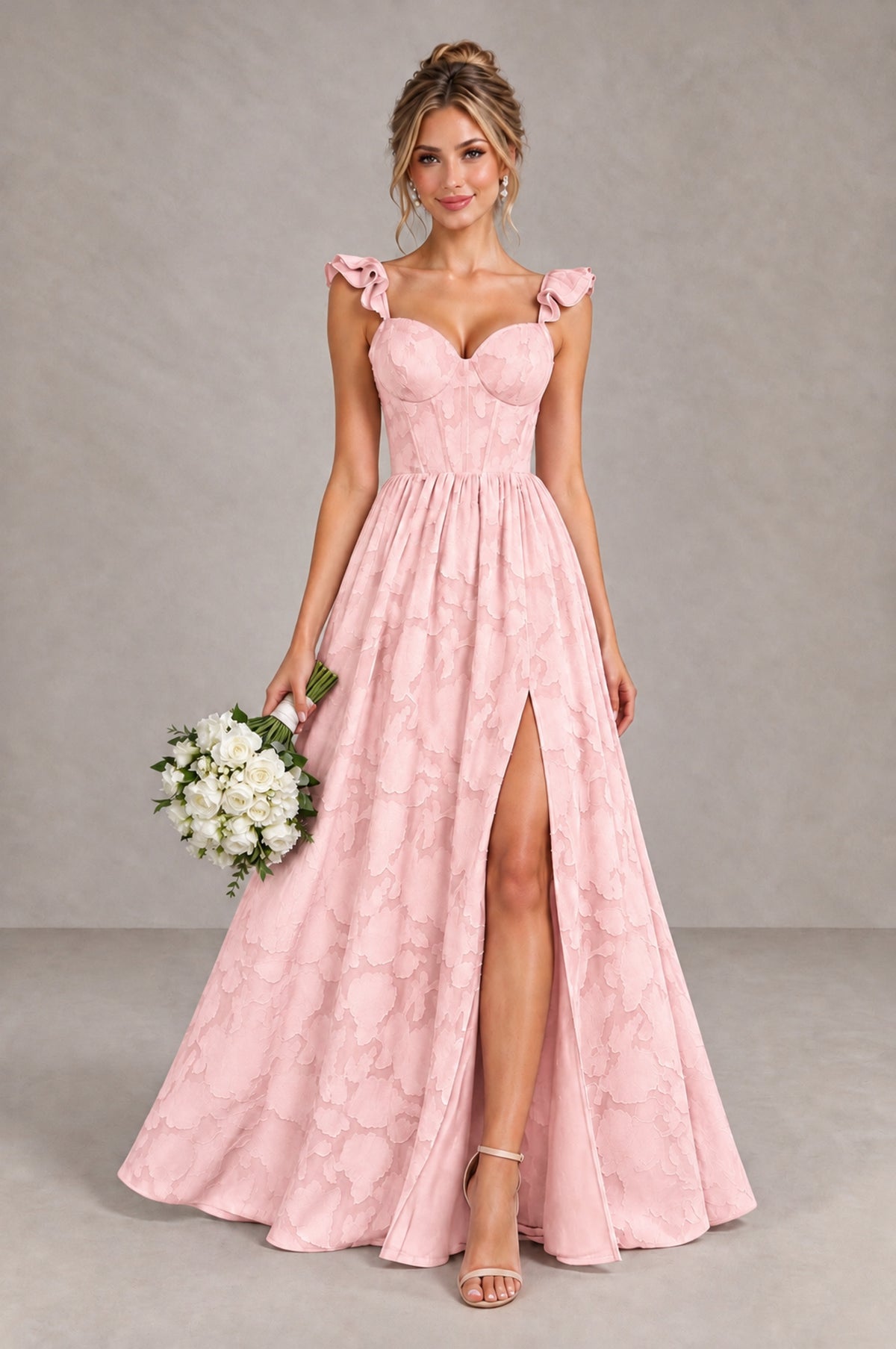 BOLODOO Blush Pink Floral A-Line Bridesmaid Dress with Slit Ruffle Straps Maxi Gown - Blush Pink - Blush Pink_1