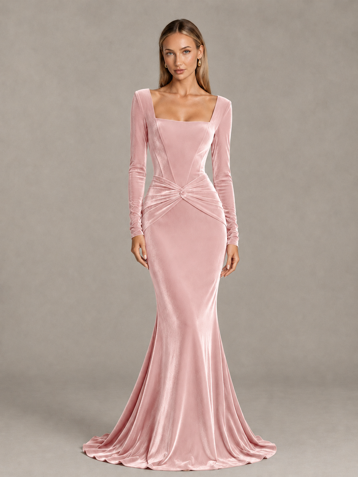BOLODOO Blush Pink Velvet-Look Square Neck Long Sleeve Mermaid Evening Dress - Blush Pink - Blush Pink_1