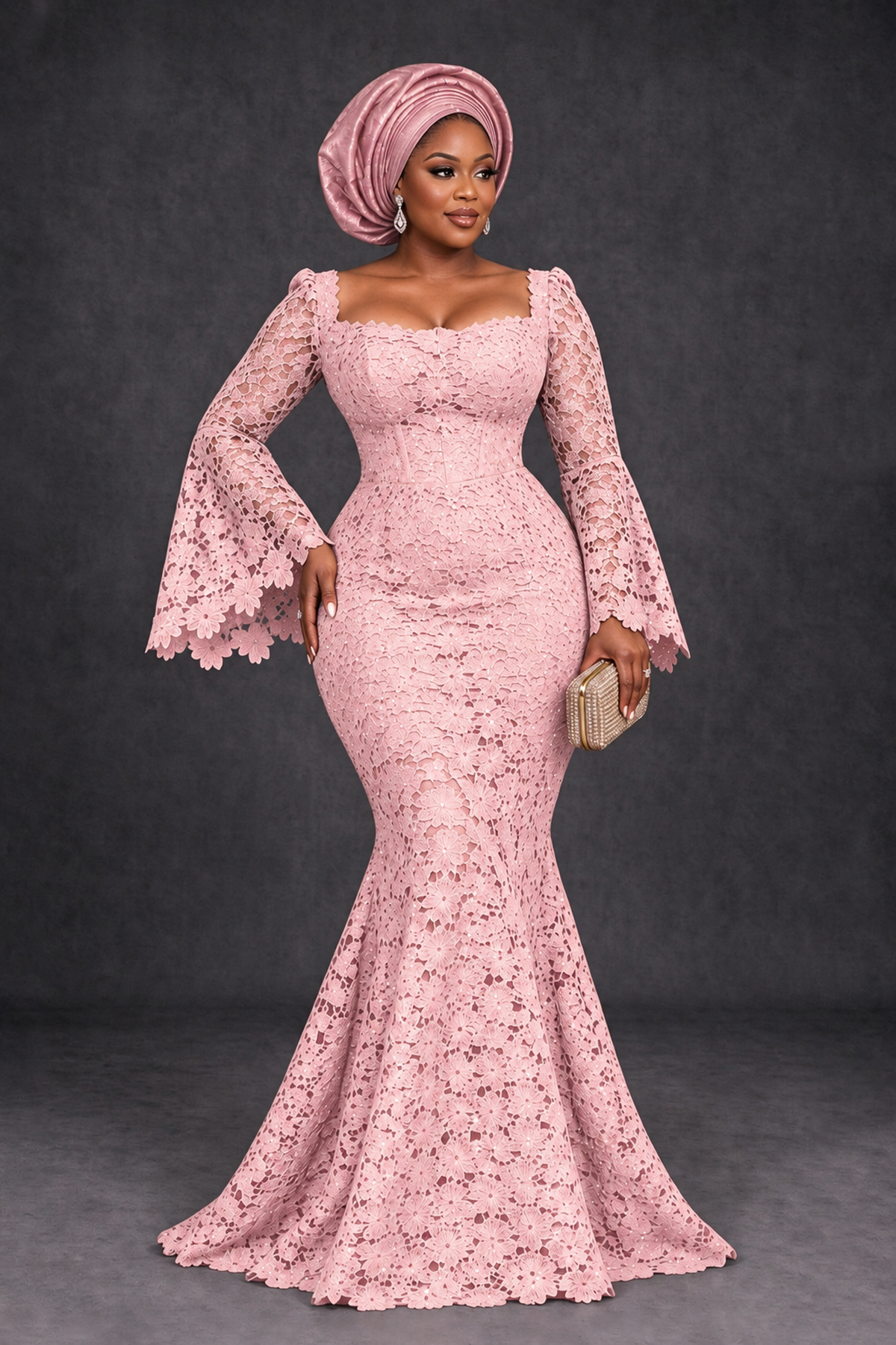 BOLODOO Blush Pink African Lace Mermaid Dress, Plus Size Nigerian Wedding Guest Gown with Bell Sleeves - Blush Pink - Blush Pink_1