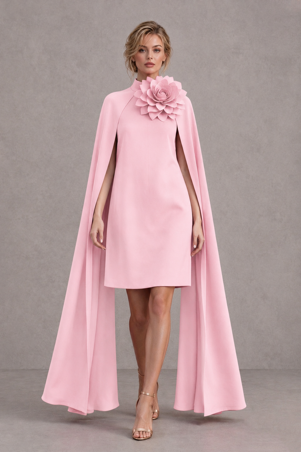 BOLODOO Blush Pink High Neck Floral Cape Mini Cocktail Dress - Blush Pink - Blush Pink_1
