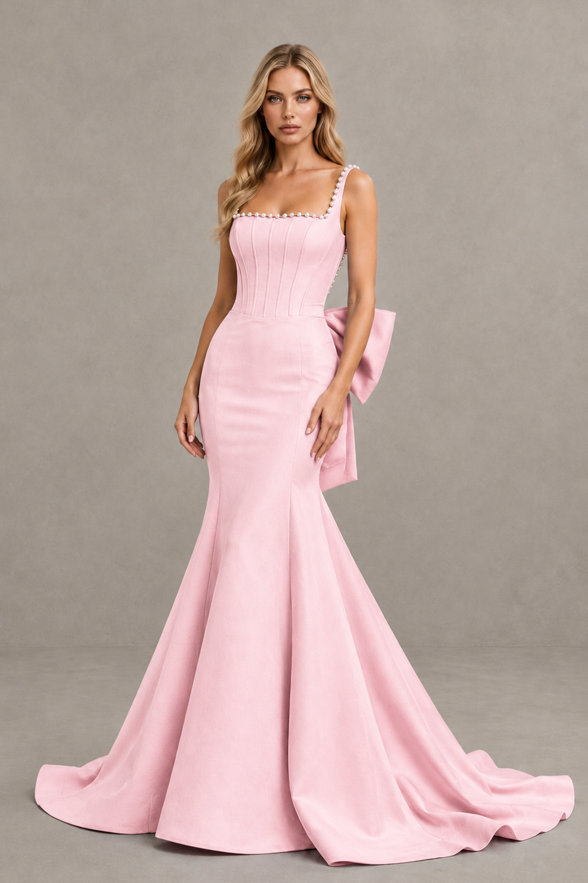 BOLODOO Blush Pink Pearl-Trim Mermaid Prom Dress with Back Bow - Blush Pink - Blush_Pink_1