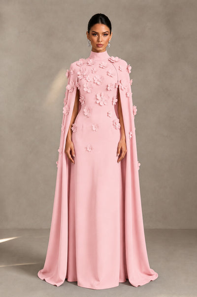 BOLODOO Blush Pink 3D Floral Applique Cape Formal Dress - Blush Pink - Blush Pink_1