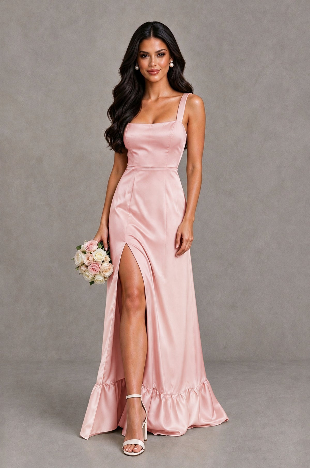 BOLODOO Blush Pink Square Neck Satin Evening Dress with Lace-Up Back and High Slit - Blush Pink - Blush Pink_1