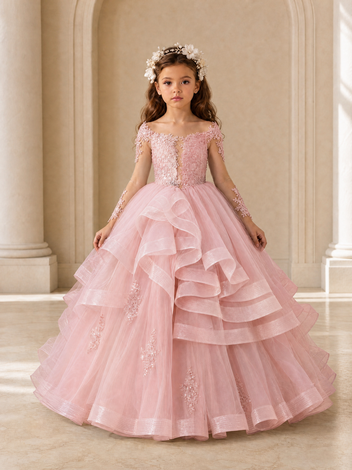 BOLODOO Blush Pink Lace Long Sleeve Tiered Flower Girl Dress - Blush Pink - Blush_Pink_1