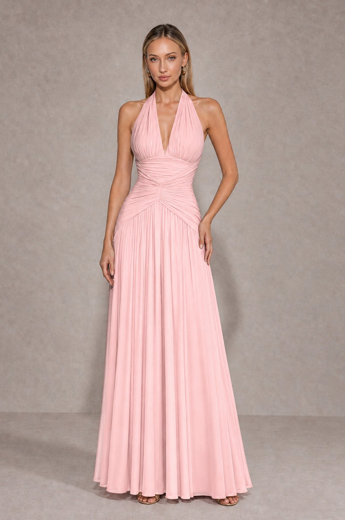 BOLODOO Blush Pink Chiffon Halter Deep V-Neck Ruched A-Line Backless Maxi Dress with Train-BD0167 - Blush Pink - Blush Pink_1