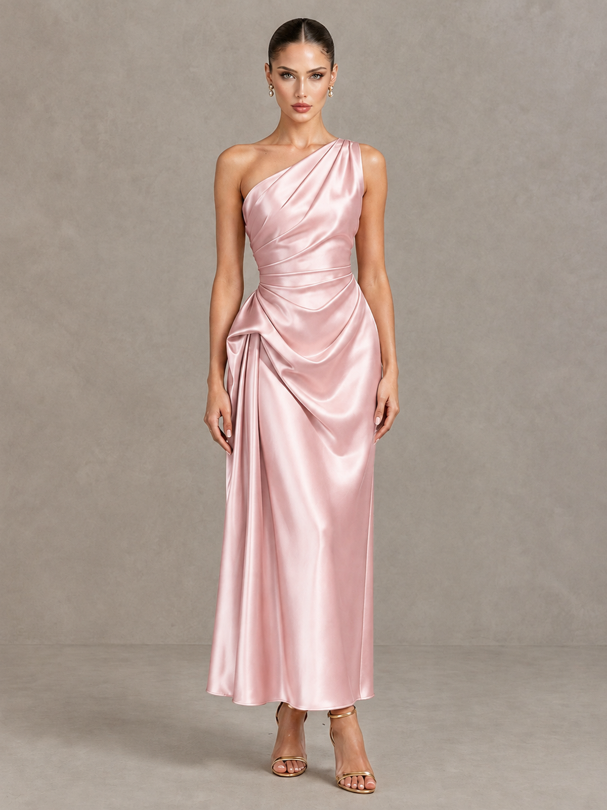 BOLODOO Blush Pink One Shoulder Satin Cocktail Dress with Draped A-Line Skirt - Blush Pink - Blush Pink_1
