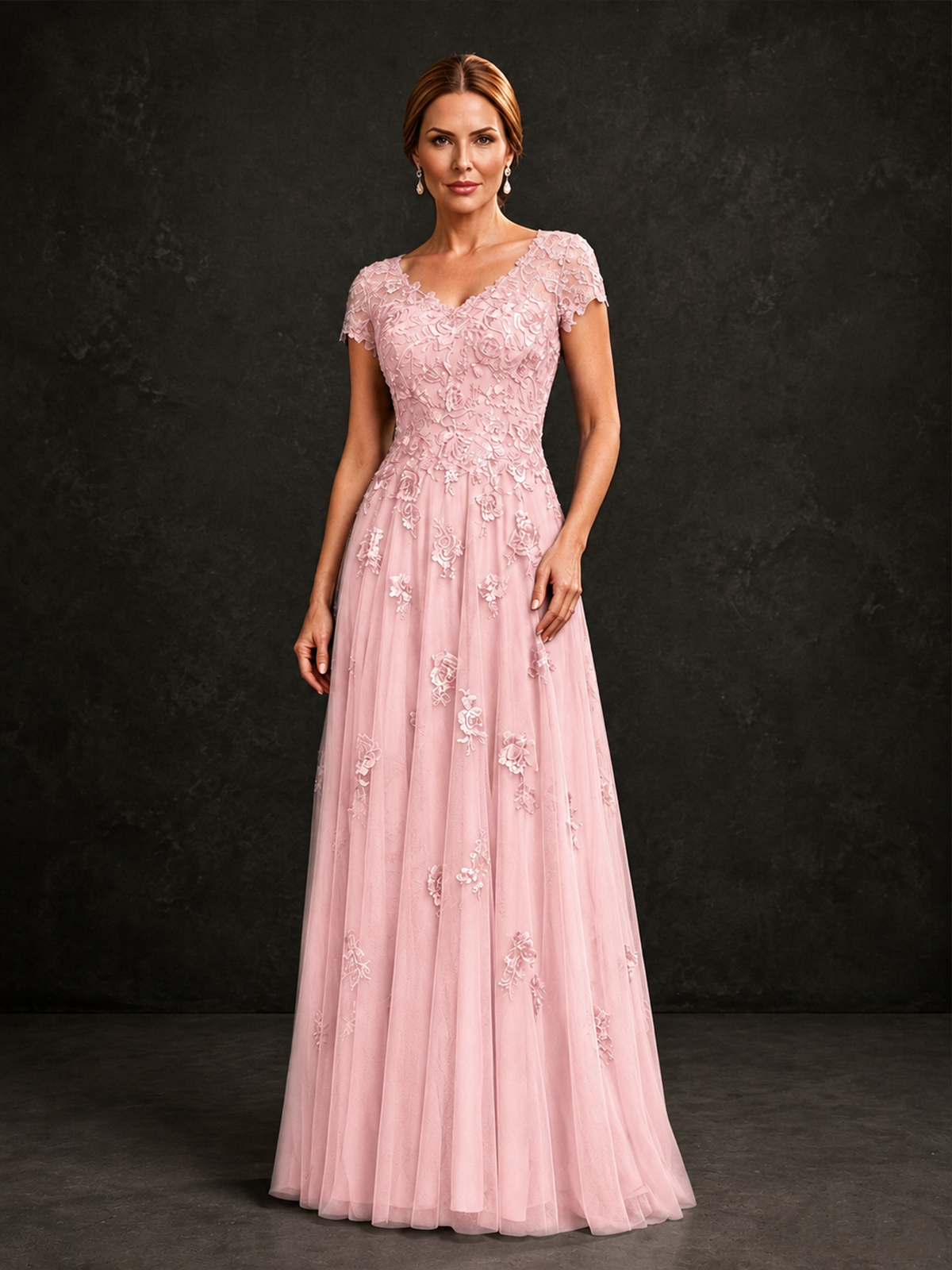 BOLODOO Blush Pink Cap Sleeve Lace Appliqué A-Line Formal Gown | Mother of the Bride Dress - Blush Pink - Blush Pink_1
