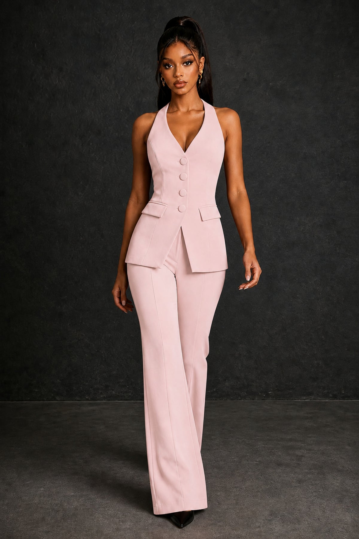 BOLODOO Blush Pink Halter Neck Deep V Open Back– Formal Suit with Wide-Leg Pants - Blush Pink