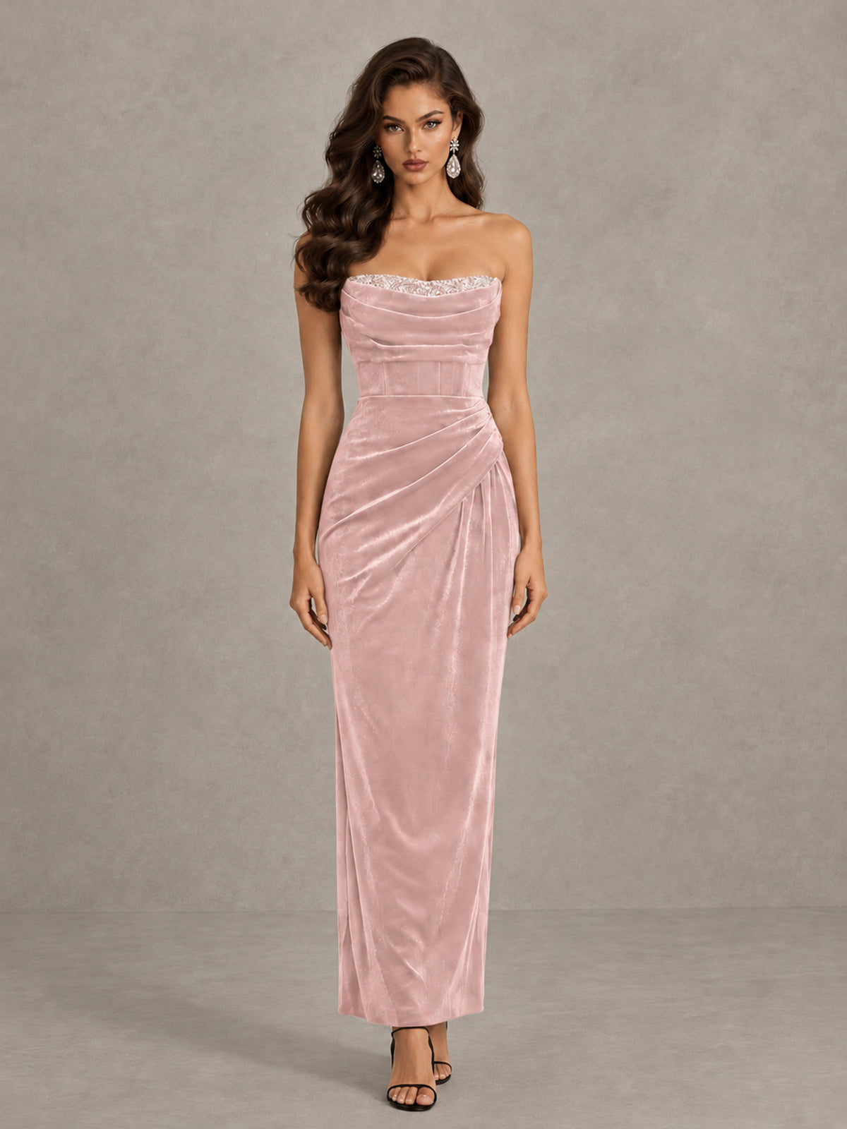 BOLODOO Blush Pink Strapless Velvet Cocktail Maxi Dress - Blush Pink - Blush Pink_1