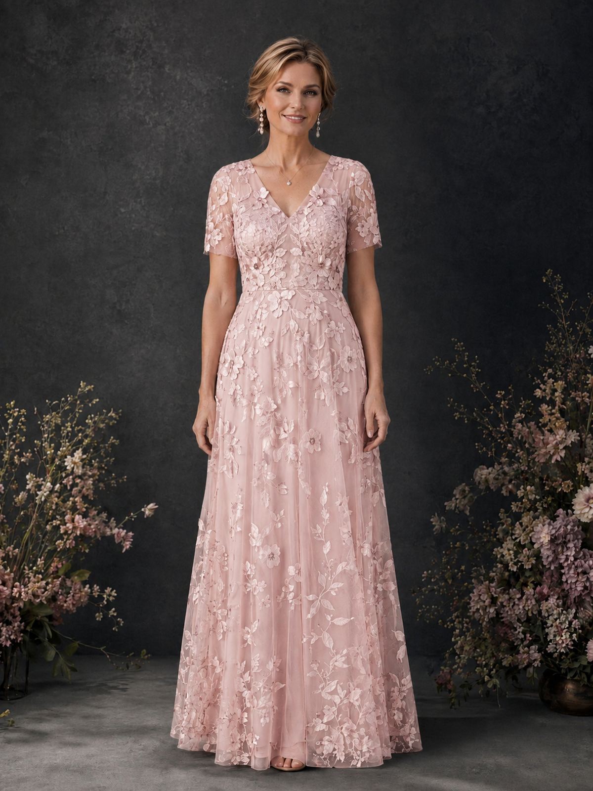 BOLODOO Blush Pink 3D Floral Embroidered Lace V-Neck Short Sleeve A-Line Maxi Dress - Blush Pink