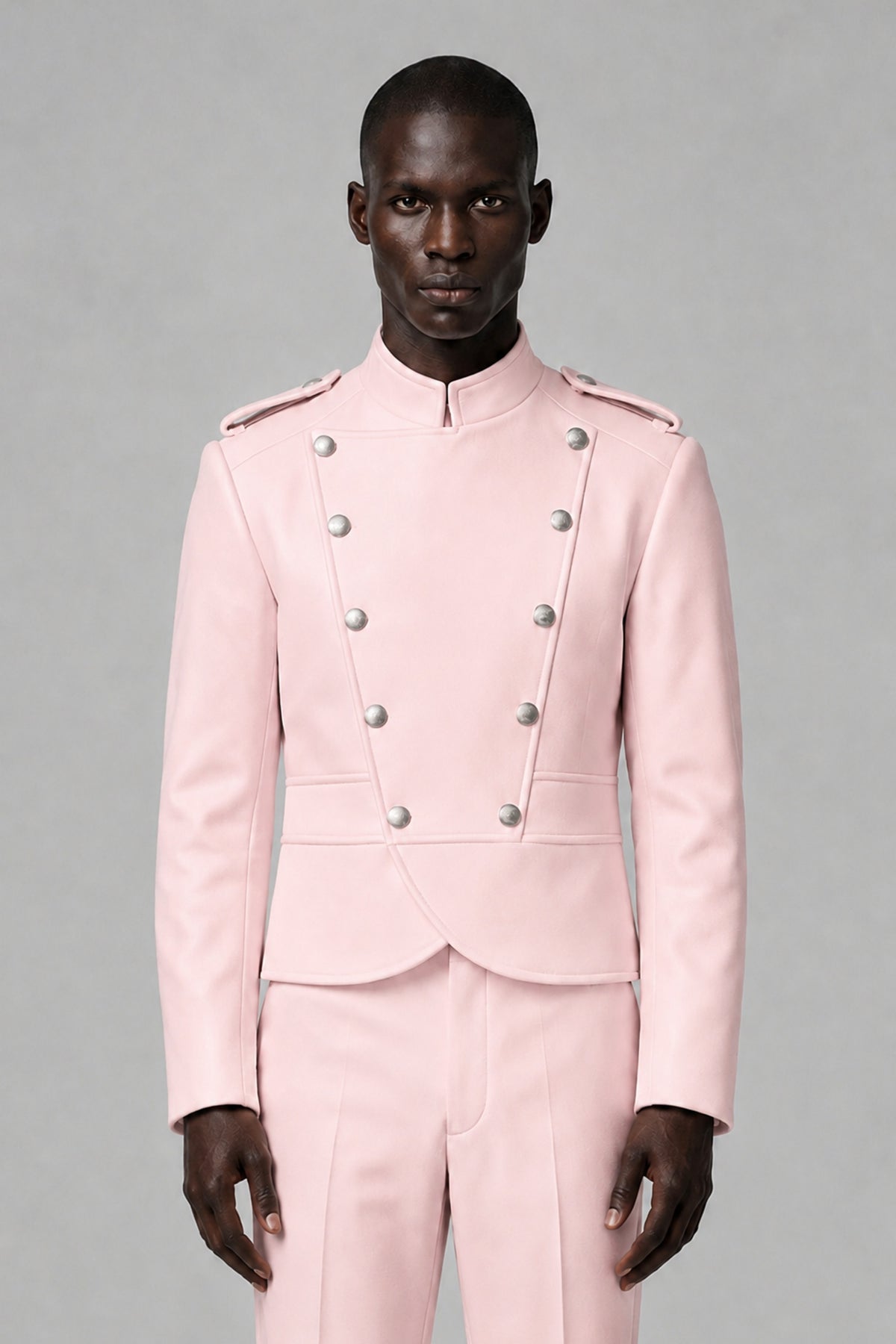 Bolodoo Men's Blush Pink Military-Inspired Two-Piece Suit with Stand Collar - Blush Pink - Blush Pink_1
