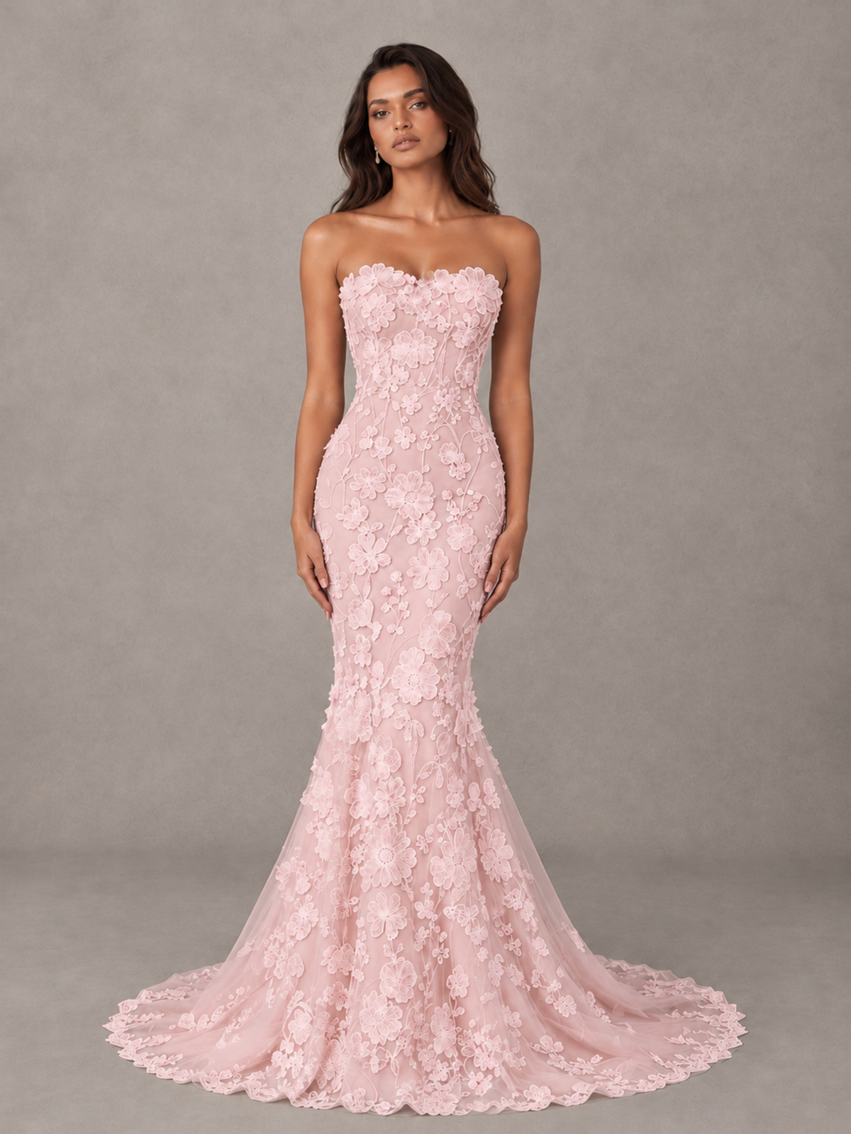 BOLODOO Blush Pink Strapless 3D Floral Lace Mermaid Prom Dress with Train - Blush Pink - Blush Pink_1