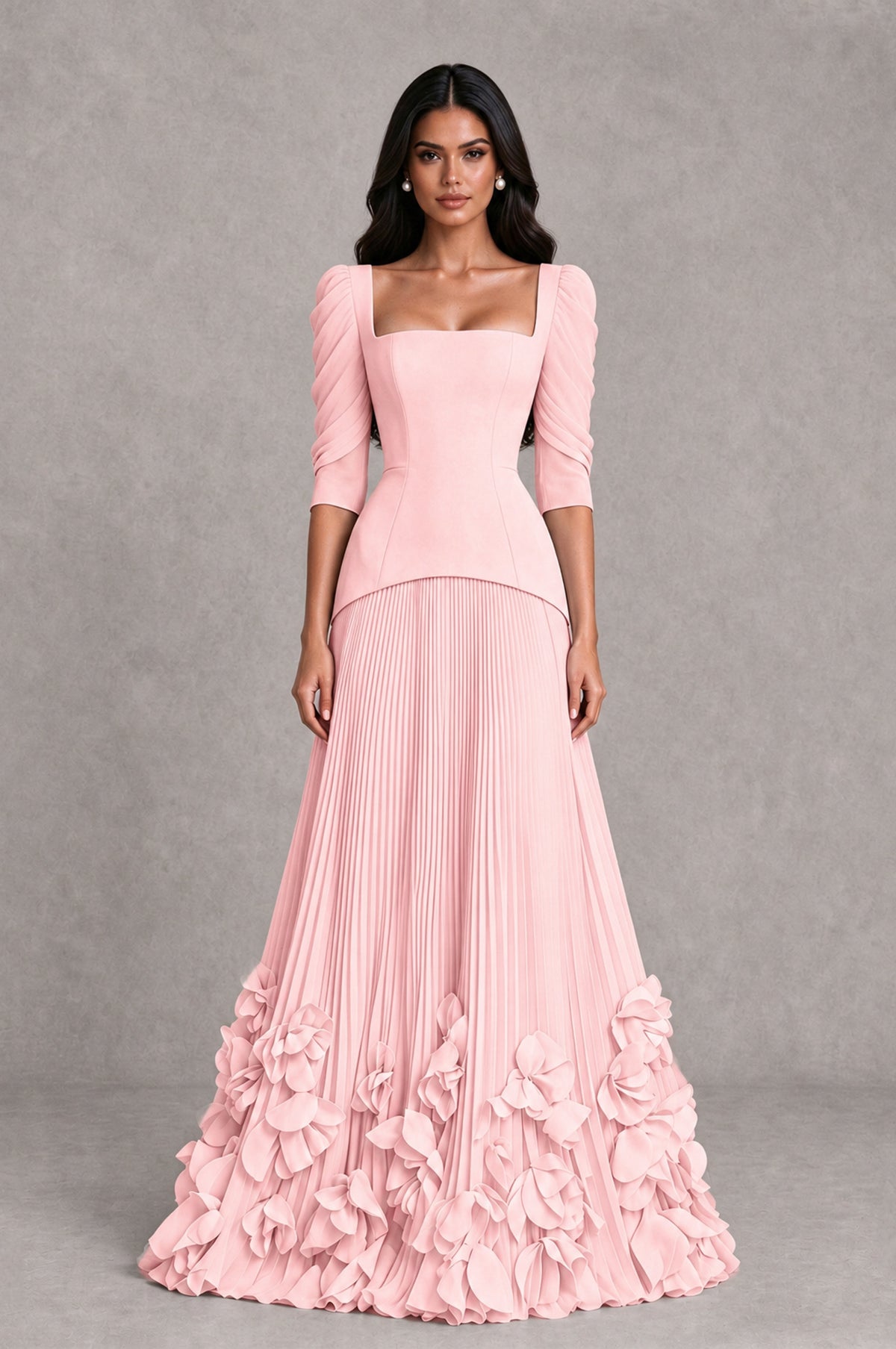 BOLODOO Blush Pink Square Neck Pleated Floral Applique Evening Dress - Blush Pink - Blush Pink_1