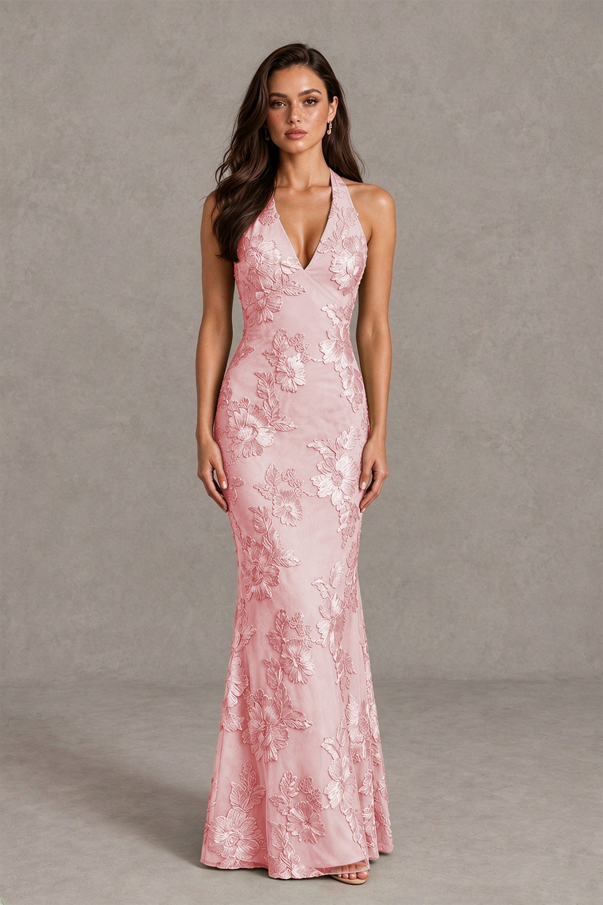 BOLODOO Blush Pink Floral Jacquard Halter Maxi Dress - Blush Pink - Blush Pink(1)