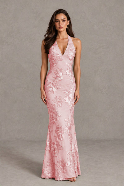 BOLODOO Blush Pink Floral Jacquard Halter Maxi Dress - Blush Pink - Blush Pink(1)