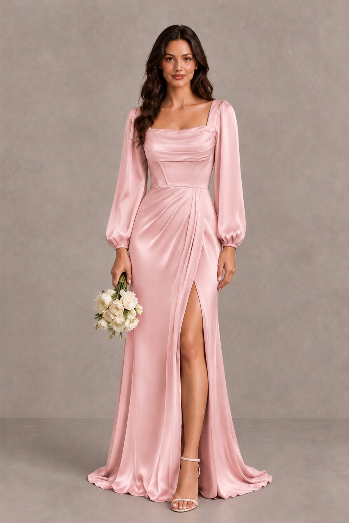 BOLODOO Blush Pink Satin-Look Long Sleeve Evening Dress with High Slit - Blush Pink - Blush Pink_1