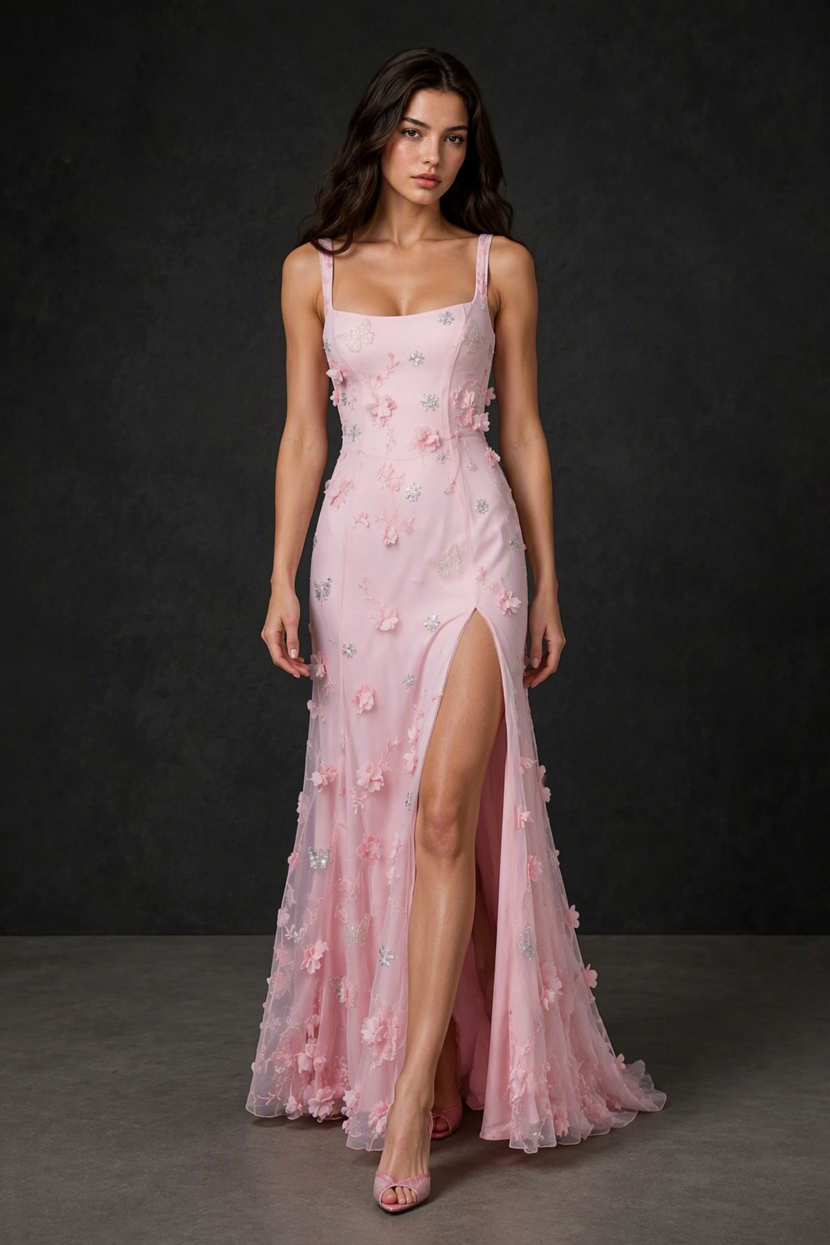BOLODOO Blush Pink 3D Butterfly Floral Tulle Maxi Gown – Lace-Up Back Slit Formal Dress - Blush Pink