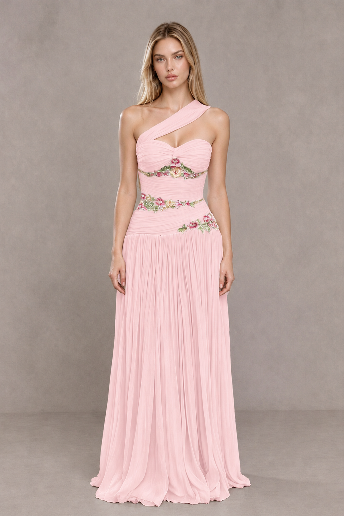 BOLODOO Blush Pink One-Shoulder Floral Applique A-Line Evening Dress - Blush Pink - Blush Pink_1