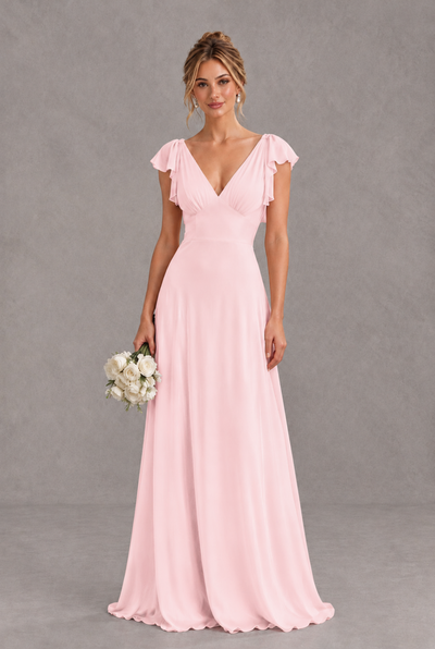 BOLODOO Blush Pink V-Neck Flutter Sleeve A-Line Bridesmaid Dress - Blush Pink - Blush Pink_1