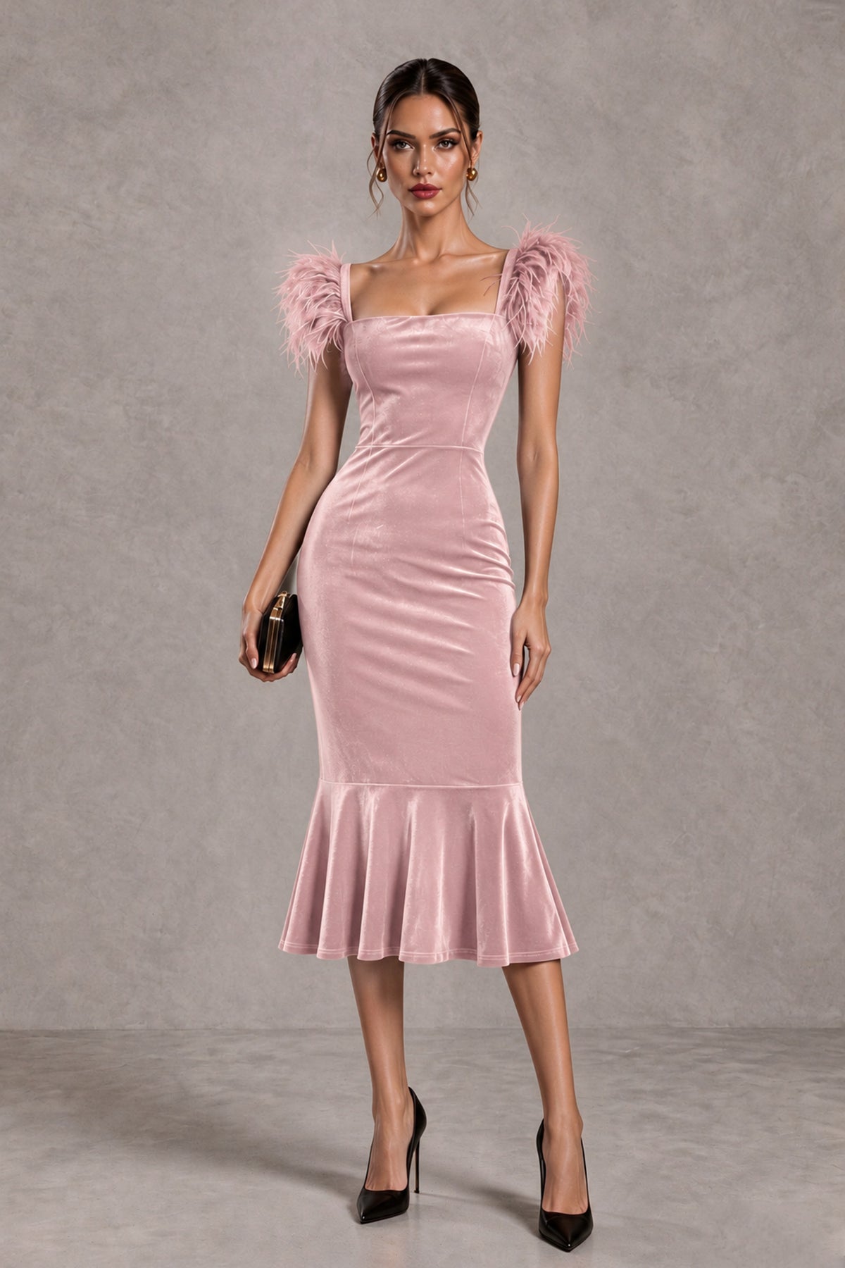 BOLODOO Blush Pink Feather-Trim Velvet-Look Mermaid Midi Dress - Blush Pink - Blush Pink_1