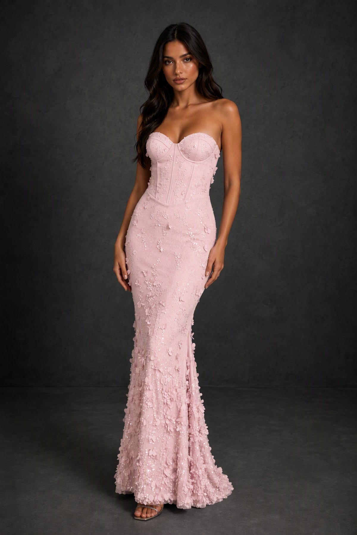 BOLODOO Blush Pink 3D Floral Sequin Corset Strapless Mermaid Gown - Blush Pink