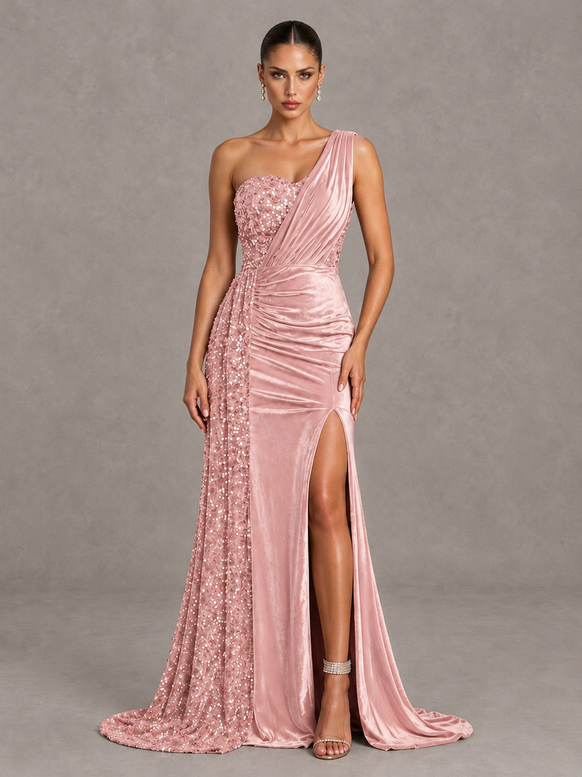 BOLODOO Blush Pink One-Shoulder Satin Sequin Gown with High Slit - Blush Pink - Blush Pink_1