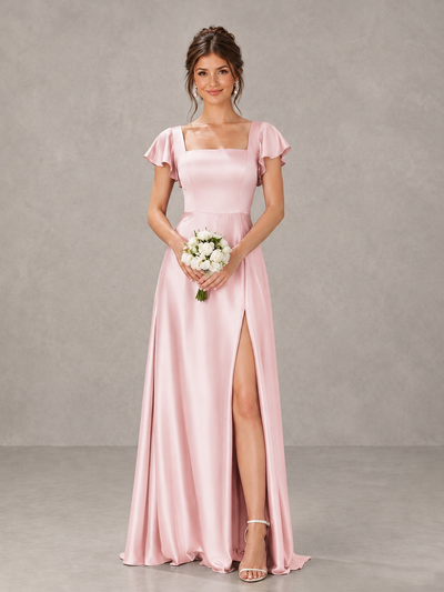 BOLODOO Blush Pink Satin Square Neck Flutter Sleeve A-Line Bridesmaid Dress with Slit - Blush Pink - Blush Pink_1