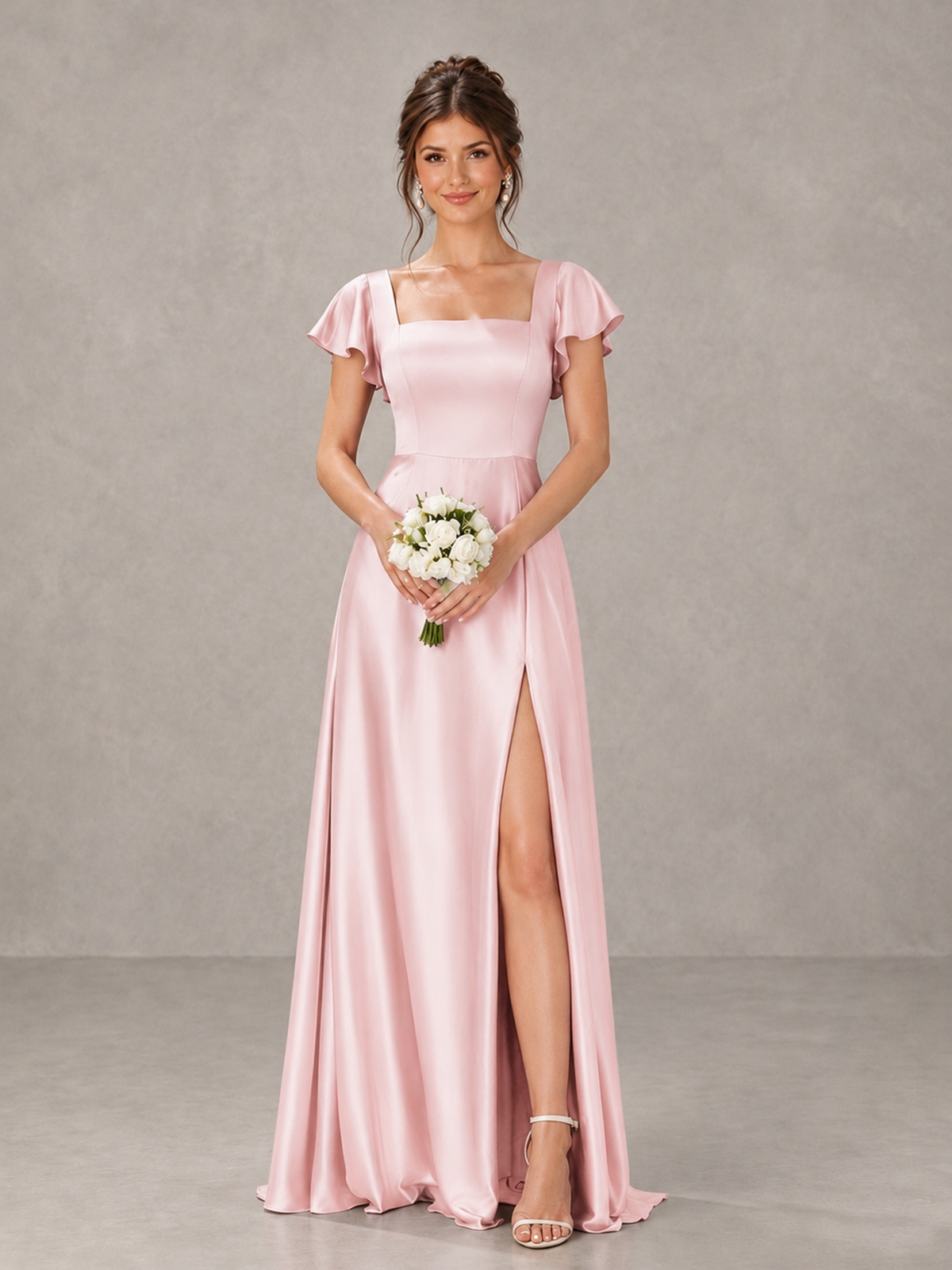 BOLODOO Blush Pink Satin Square Neck Flutter Sleeve A-Line Bridesmaid Dress with Slit - Blush Pink - Blush Pink_1