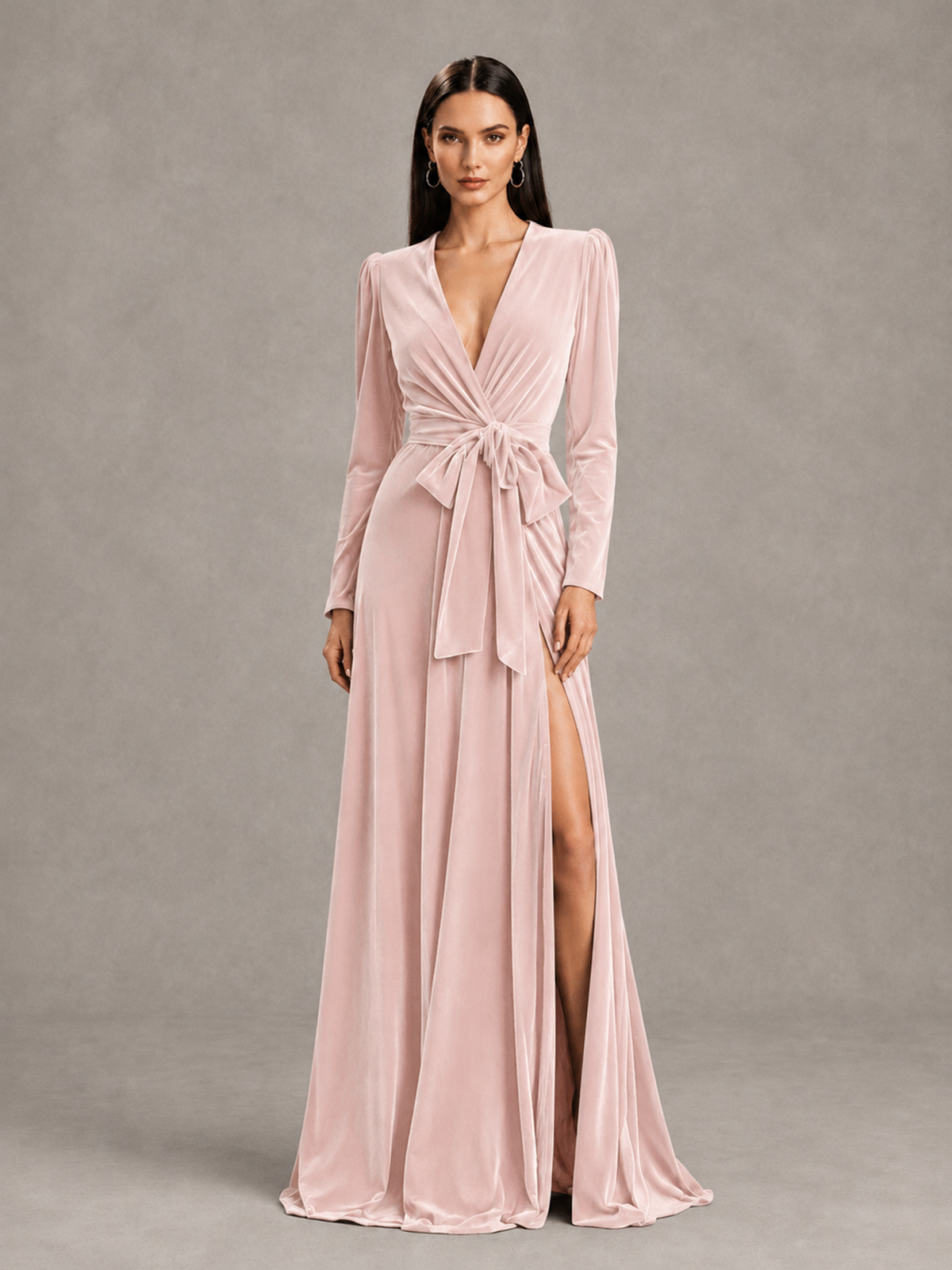 BOLODOO Blush Pink Long Sleeve Velvet-Look Evening Dress with High Slit - Blush Pink - Blush Pink_1