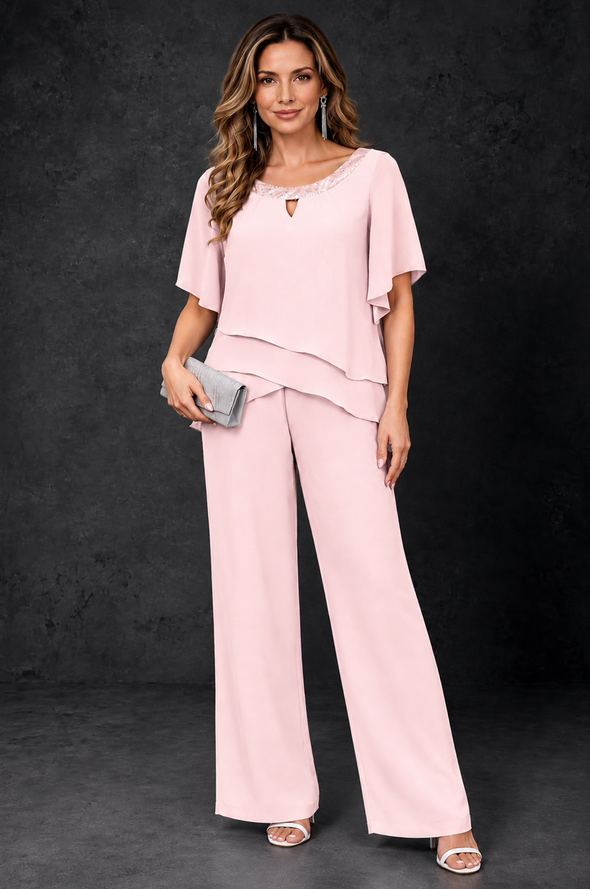BOLODOO Blush Pink Layered Chiffon-Look Mother of the Bride Pantsuit - Blush Pink - Blush_Pink_1