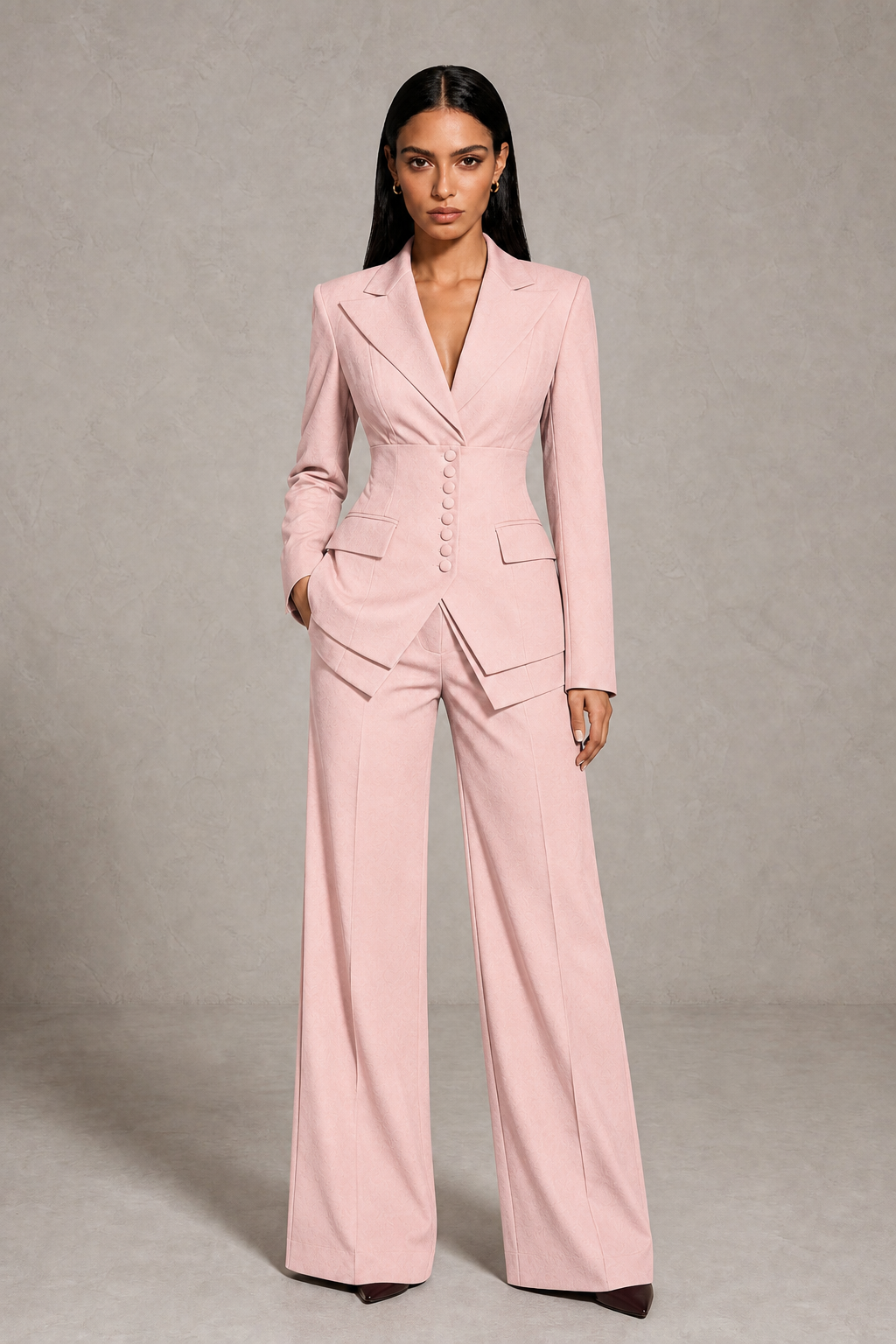 BOLODOO Blush Pink Cinched Waist Blazer and Wide Leg Pants Two Piece Suit Set - Blush Pink