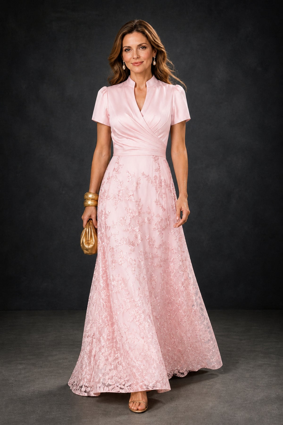 BOLODOO Blush Pink Satin Wrap V-Neck Short Sleeve Lace Glitter A-Line Floor Length Evening Gown – Formal Dress - Blush Pink