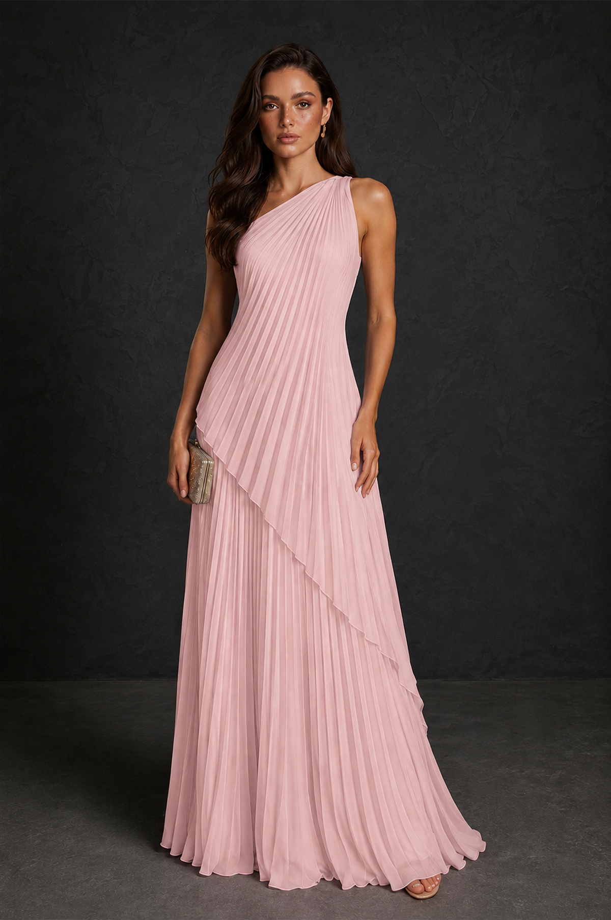 BOLODOO Blush Pink One-Shoulder Sunburst Pleated Asymmetric Layered Overlay Accordion Pleated Chiffon Maxi Dress - Blush Pink