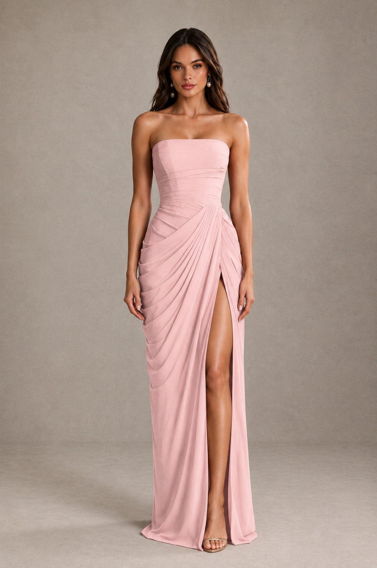 BOLODOO Strapless Draped Maxi Dress - Blush Pink Backless Evening Gown with High Slit - Blush Pink - Blush Pink_1