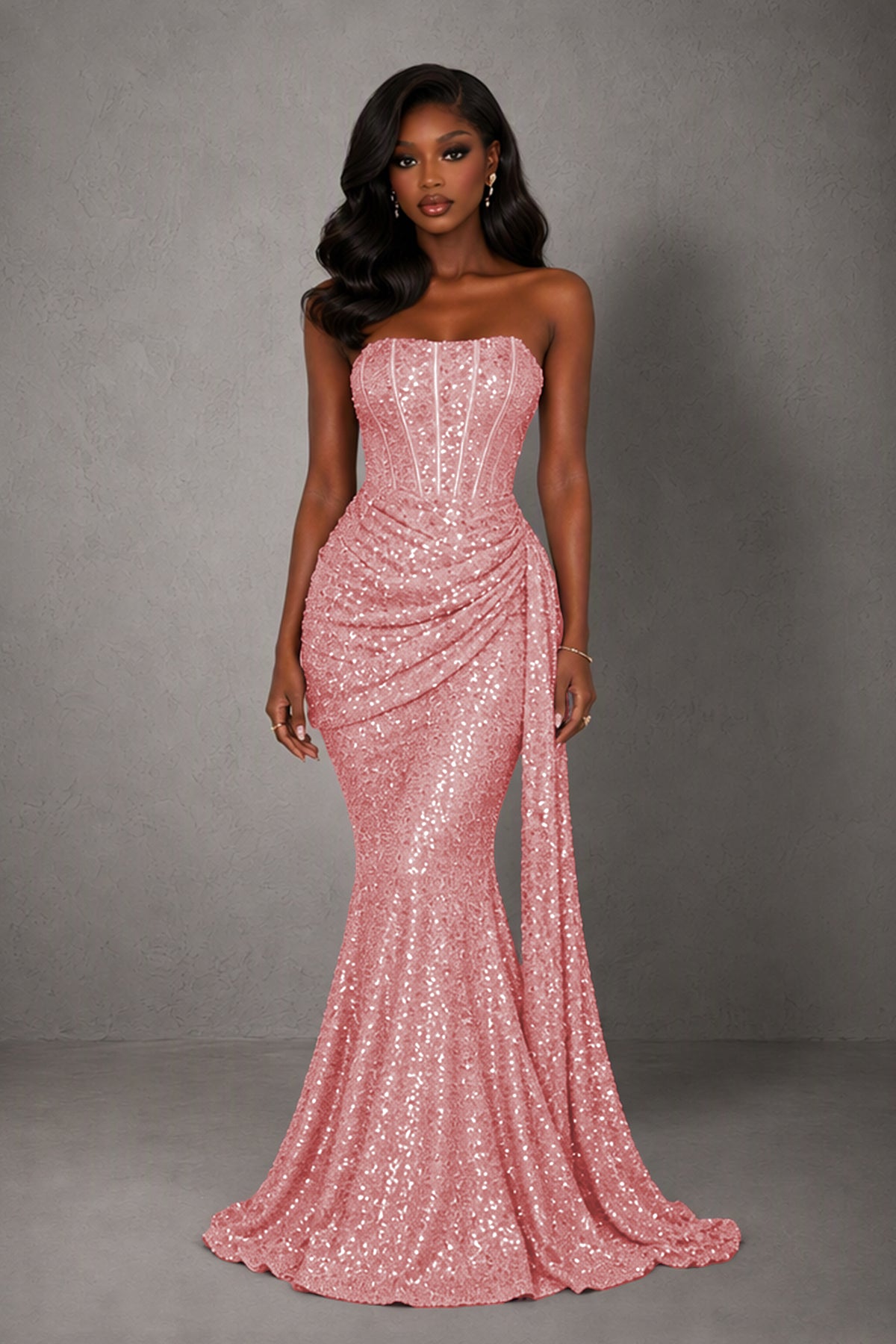 BOLODOO Blush Pink Sequin Strapless Corset Mermaid Evening Gown with Train - Blush Pink
