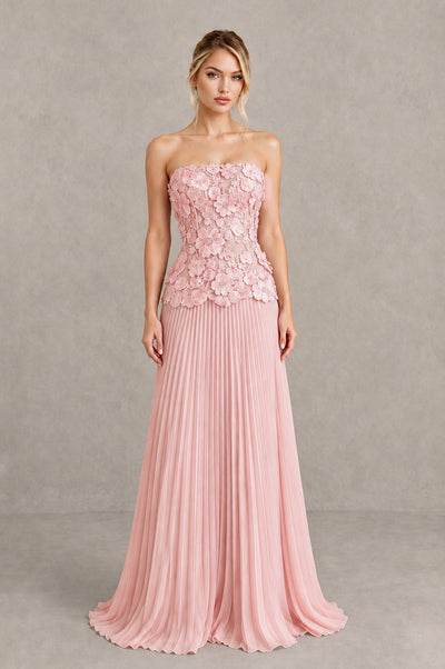 BOLODOO Blush Pink Strapless Floral Applique Pleated Evening Dress - Blush Pink - Blush Pink_1