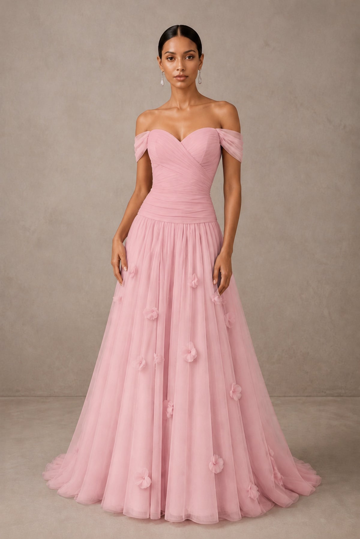 Blush Pink Off-Shoulder Sweetheart A-Line Tulle Gown with 3D Floral Appliques | BOLODOO - Blush Pink